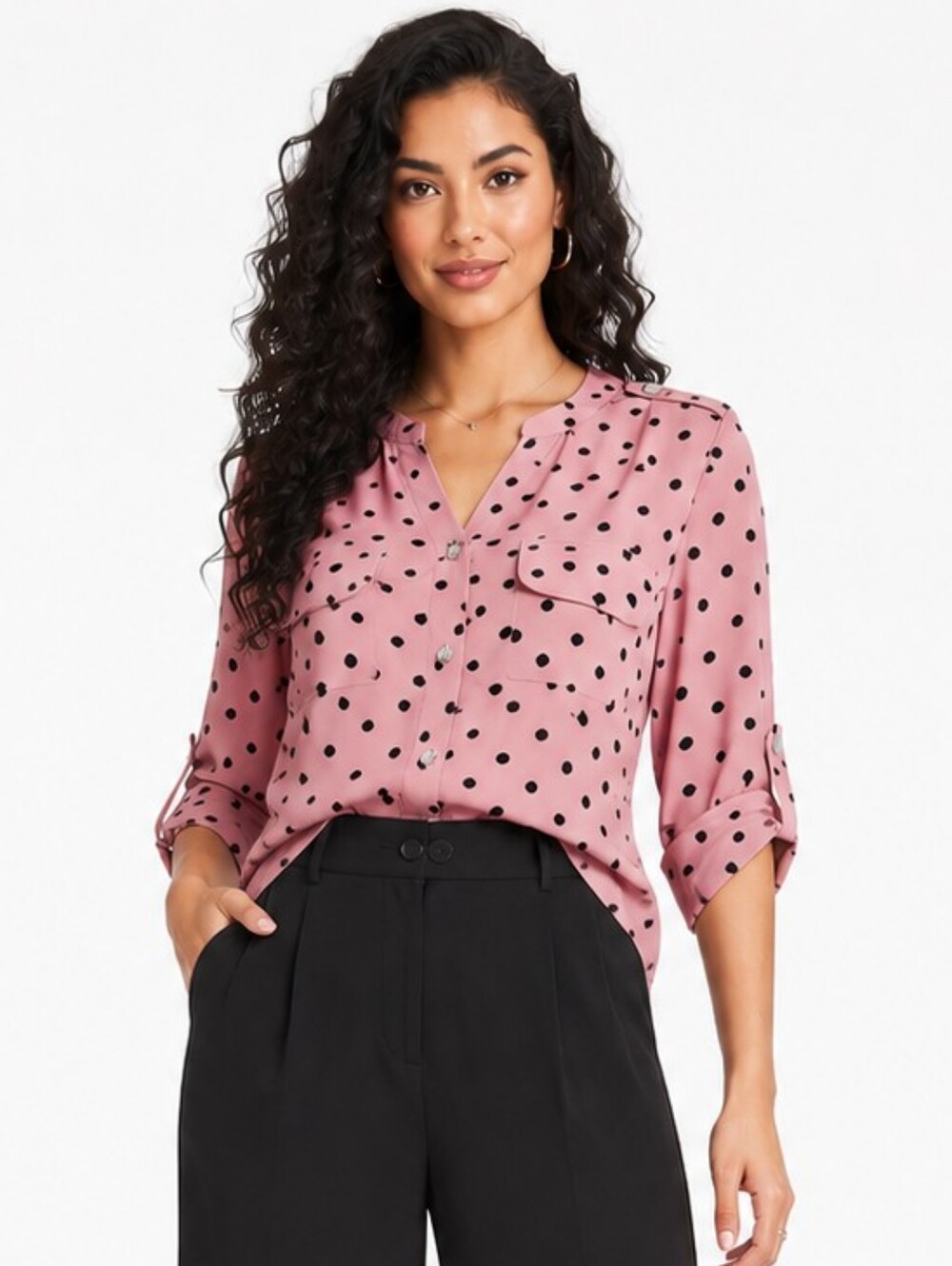 Adrienne Vittadini Pink Black Polka Dot Roll Tab Sleeve Blouse Size S